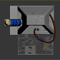 Industrial Mechanical Device With Metal Frame Blue Cylinder Green Glowing Tubes Cables And Control Panel