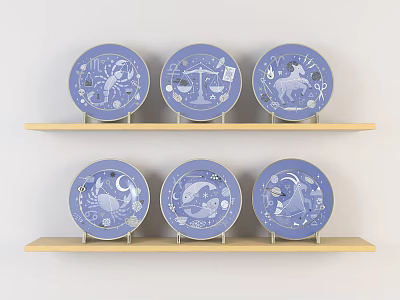 Blue Decorative Plates With Intricate Zodiac Designs Displayed On Wooden Shelves 3d model
