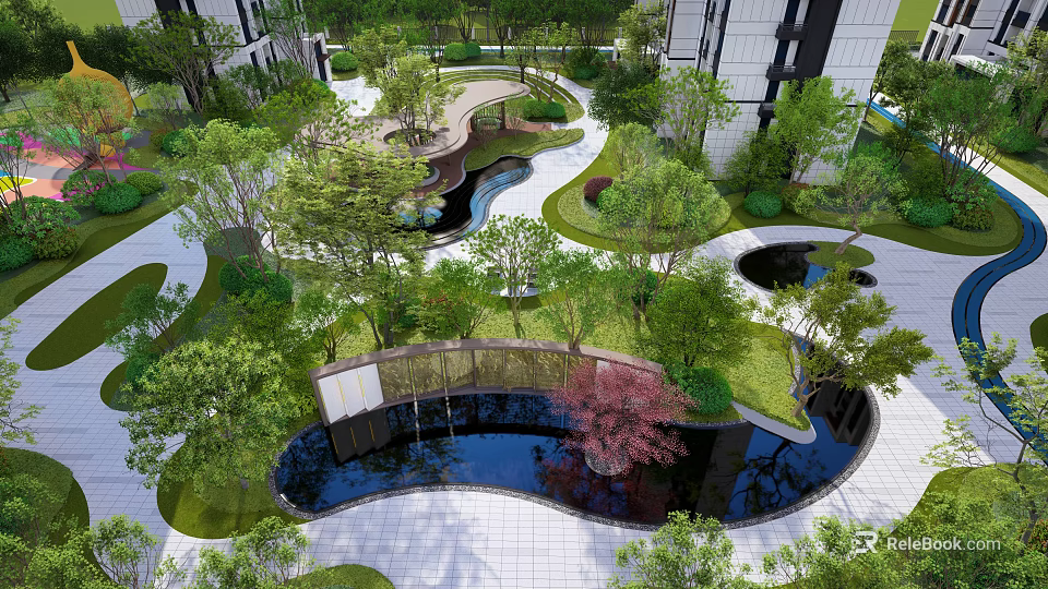 Modern Landscape Garden Design With Curved Paths Water Features And Lush Greenery 3d model 