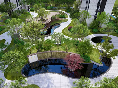 Modern Landscape Garden Design With Curved Paths Water Features And Lush Greenery 3d model