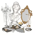 Elegant Vintage Jewelry Display With Pearl Necklaces Mirror Bust Statue And Candelabra