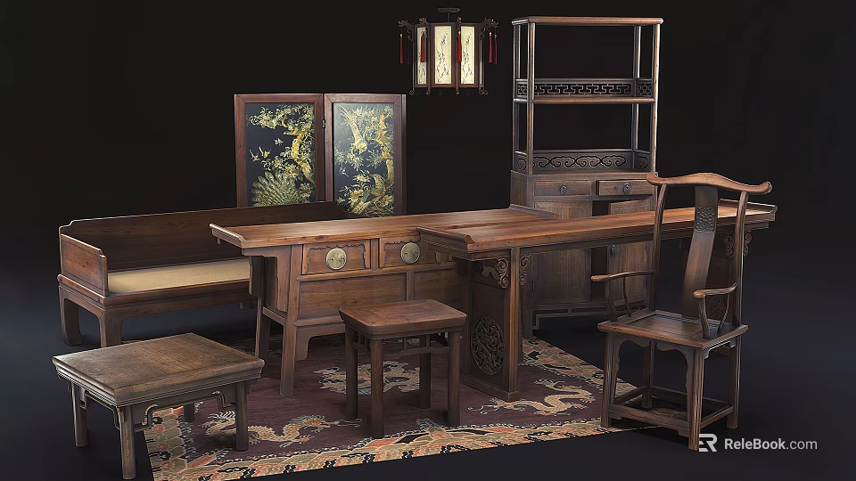 Traditional Chinese Wooden Table And Chair Set With Screen Bookshelf And Carpet 3d model 