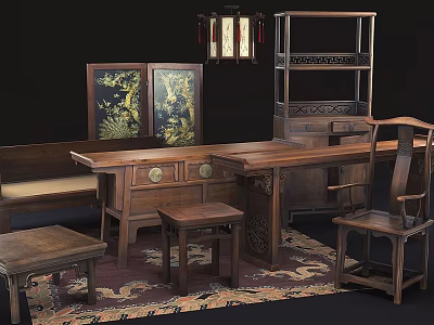 Traditional Chinese Wooden Table And Chair Set With Screen Bookshelf And Carpet 3d model
