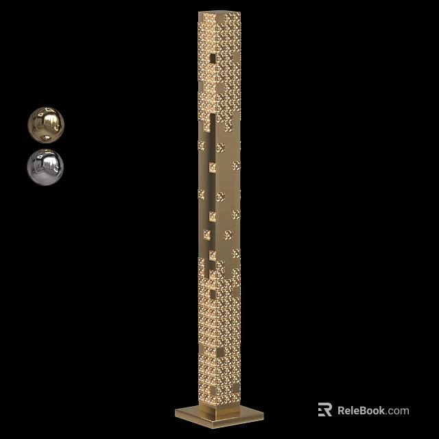 Elegant Gold Floor Lamp With Intricate Pattern Design And Metallic Ball Decorations 3d model 