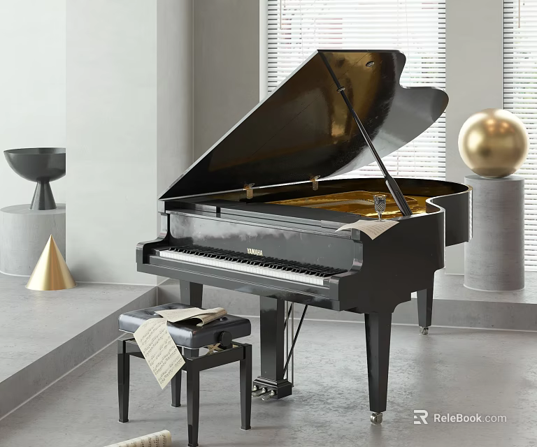 Instruments Art Supplies Modern Black Grand Piano With Sheet Music And Decorative Accents 3d model 