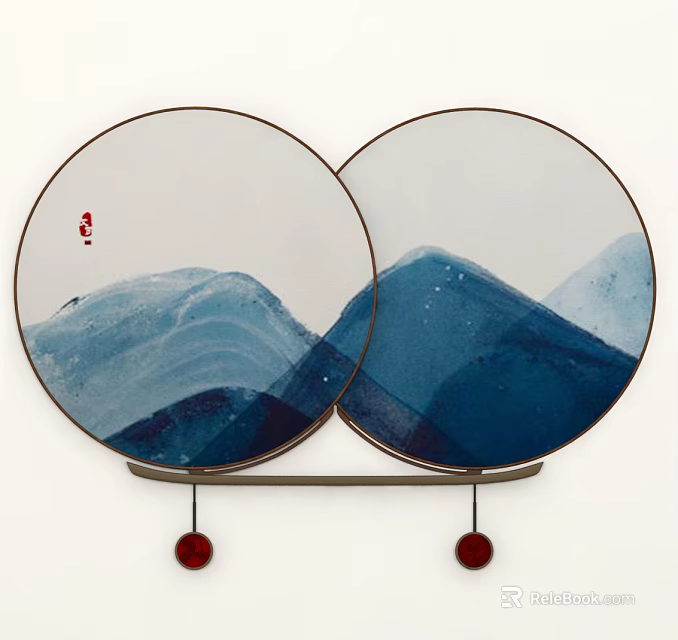 Round Artistic Wall Decor with Blue White Landscape and Red Pendants 3d model