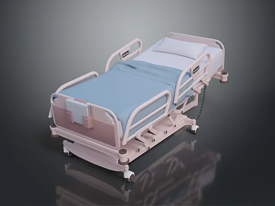 Adjustable Medical Bed With Blue Mattress Side Rails And Light Pink Frame On Wheels 3d model