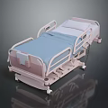 Adjustable Medical Bed With Blue Mattress Side Rails And Light Pink Frame On Wheels