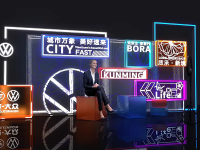 Volkswagen Neon Lights Photo Spot with Brand Logos City Theme and BORA Elements 3d model
