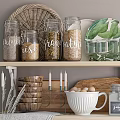 Stylish Organized Kitchen Shelves With Jars Plates Bowls Utensils And Cutting Boards