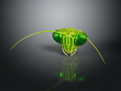 Green Insect Head With Long Antennae Large Compound Eyes Shiny Surface On Dark Background 3d model