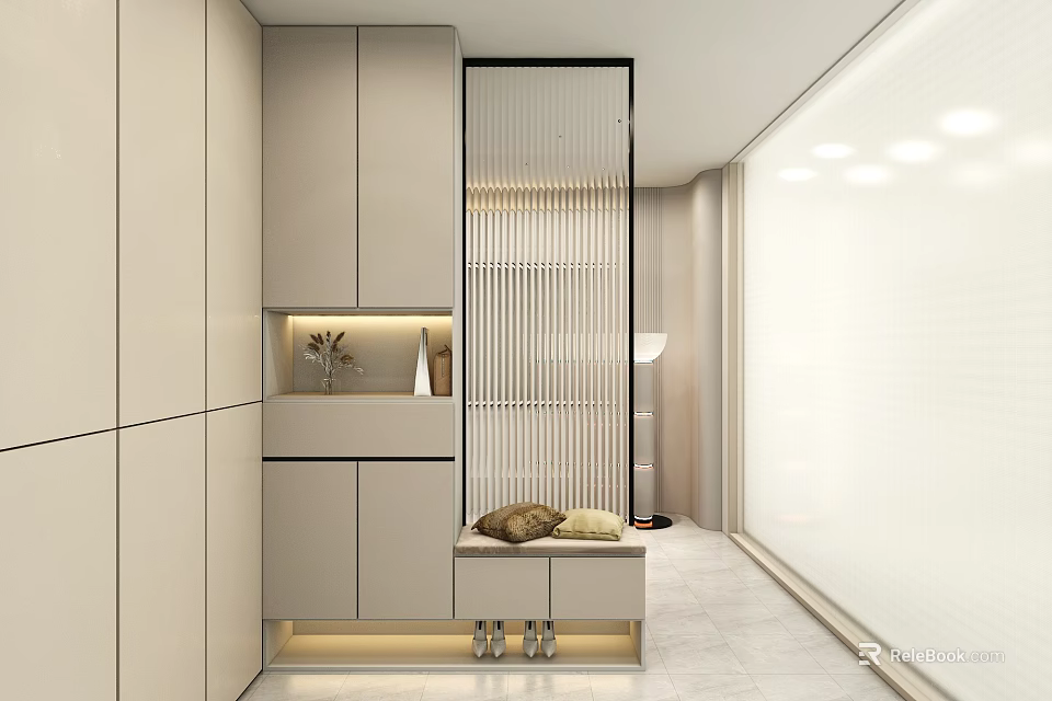 Modern Entryway Corridor Design With Light Colored Cabinets Glass Partition Bench And Lighting 3d model 