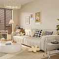 Modern Beige Multi Seater Sofa With Decorative Pillows Round Coffee Table And Green Plant