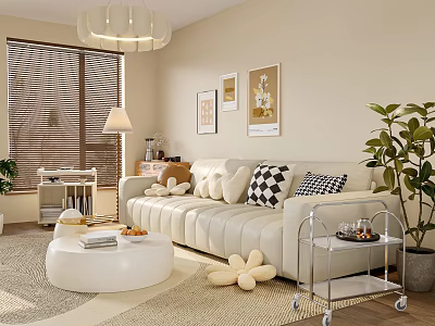 Modern Beige Multi Seater Sofa With Decorative Pillows Round Coffee Table And Green Plant 3d model