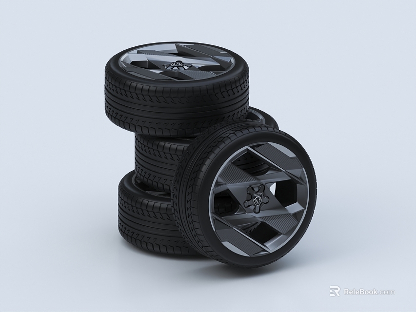 Three Black Car Tires Stacked with Modern Star Shaped Alloy Rims 3d model 