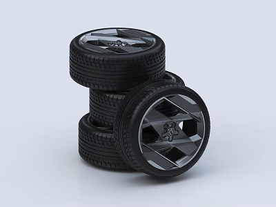 Three Black Car Tires Stacked with Modern Star Shaped Alloy Rims 3d model