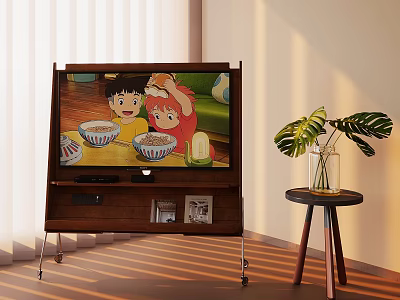 TV Stand In Sunlit Room With Animated Children Eating And Green Plant 3d model