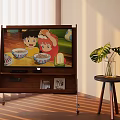 TV Stand In Sunlit Room With Animated Children Eating And Green Plant