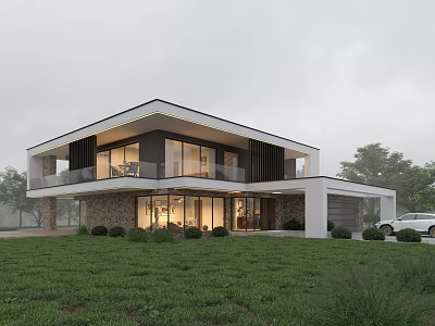 Modern Detached Villa Exterior Design With Glass Walls Lawn And Trees 3d model