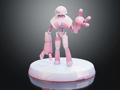 Smart Robot Model With Pink Mechanical Structure White Reflective Base And Raised Arm Gesture 3d model