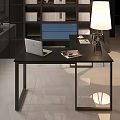Modern Desk Interior With Laptop Magazine Bookshelf Table Lamp And Potted Plant