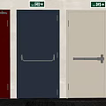 Colored Doors Red Blue White With Green Safety Signs Plant And Magazine On Floor