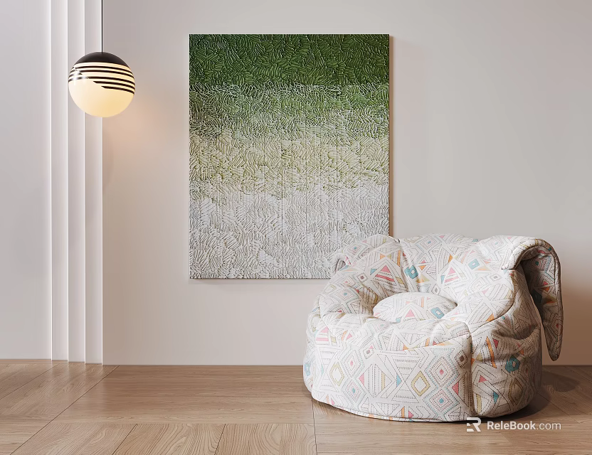 Cozy Room with Gradient Painting Geometric Bean Bag Chair Wooden Floor and Pendant Light 3d model 