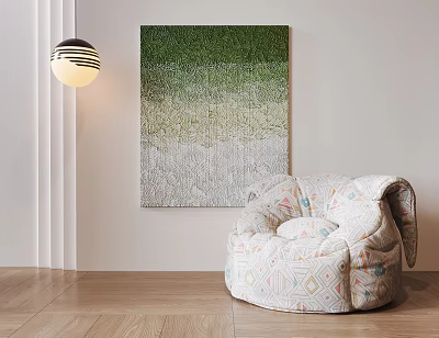 Cozy Room with Gradient Painting Geometric Bean Bag Chair Wooden Floor and Pendant Light 3d model