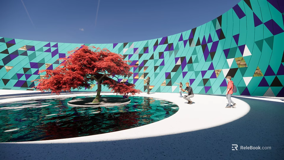 Vibrant Teal And Purple Geometric Feature Wall With Red Maple Tree And Water Pool 3d model 