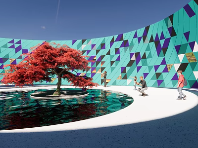 Vibrant Teal And Purple Geometric Feature Wall With Red Maple Tree And Water Pool 3d model