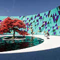 Vibrant Teal And Purple Geometric Feature Wall With Red Maple Tree And Water Pool
