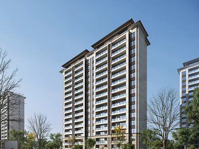 High Rise Modern Residential Building With Light Facade Balconies And Surrounding Trees 3d model