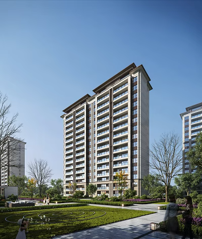 High Rise Modern Residential Building With Light Facade Balconies And Surrounding Trees 3d model