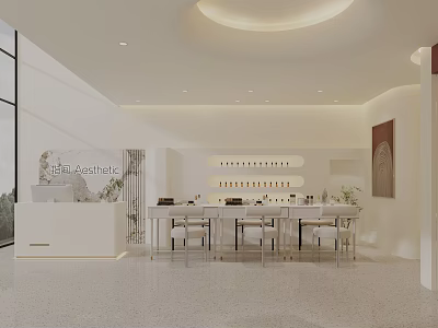 Aesthetic Beauty Salon Interior With Modern White Design Product Display Lighting And Seating Area 3d model