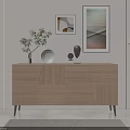 Modern Light Wood Sideboard with Geometric Patterns Green Plant and Abstract Wall Art