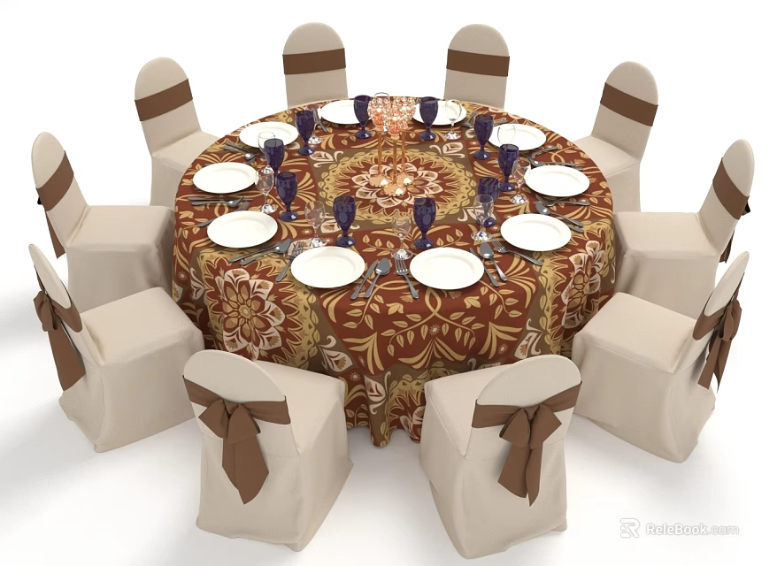 Round Dining Table With Patterned Tablecloth Beige Chairs Brown Bows White Plates And Blue Cups 3d model