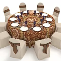 Round Dining Table With Patterned Tablecloth Beige Chairs Brown Bows White Plates And Blue Cups 3d model