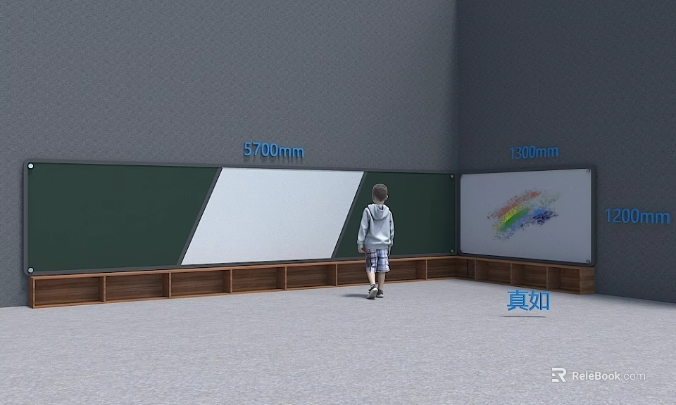 Spacious Kindergarten Classroom With Green Whiteboard Rainbow Design And Wooden Benches 3d model 