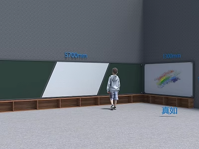Spacious Kindergarten Classroom With Green Whiteboard Rainbow Design And Wooden Benches 3d model