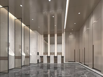 Public Restroom Modern Interior Design With Marble Floor Private Stalls And Washbasins 3d model