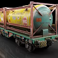 Green Train Car Carrying Yellow Refrigerant Tanks With Metal Frame And Warning Signs Labeled R134a