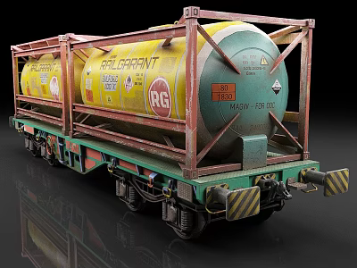 Green Train Car Carrying Yellow Refrigerant Tanks With Metal Frame And Warning Signs Labeled R134a 3d model