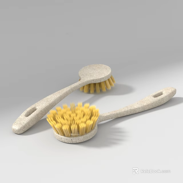 Kitchen Brushes With Beige Stone Like Handle And Yellow Durable Bristles For Cleaning 3d model 