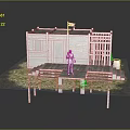 Wooden Cabin Model With Red Flag Fence Platform And Straw Covered Ground