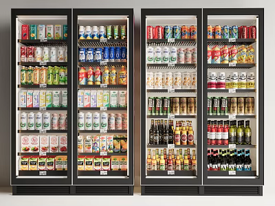 Commercial Glass Door Beverage Refrigerators Stocked With Assorted Cans And Bottled Drinks 3d model
