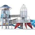 Outdoor Garden Landscape With Flying Saucer Shaped Tower Rocket Structure And Slides