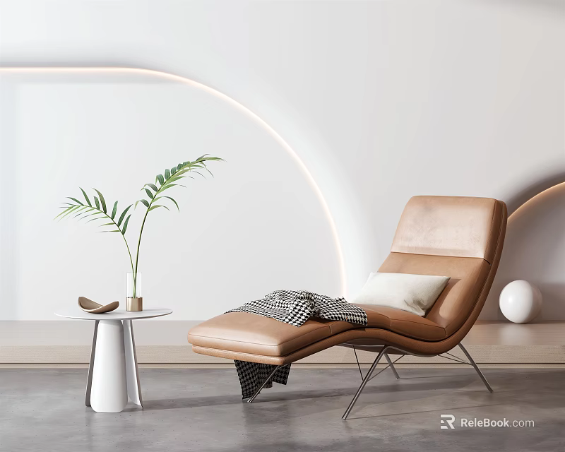 Modern Tan Leather Chaise Lounge With Side Table Palm Plant Blanket And White Pillow 3d model 