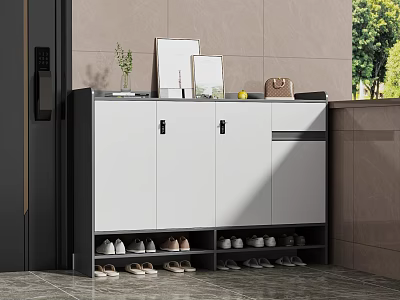Modern White Gray Shoe Cabinet With Doors Open Shelves Top Decorative Items In Bright Area 3d model