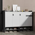 Modern White Gray Shoe Cabinet With Doors Open Shelves Top Decorative Items In Bright Area