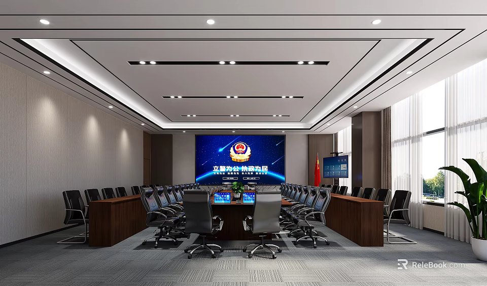 Modern Conference Room Interior Design With Large Table Projection Screen National Flag Lighting And Chairs 3d model 